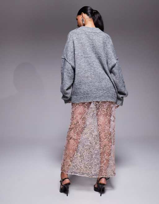 ASOS DESIGN - Pink maxinederdel med pailletter i fint blondestof, 3 af 5