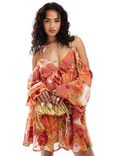 ASOS DESIGN - Pink, metalfarvet og stribet minikjole med V-hals, flæsedetalje og blomstermønster - view 1