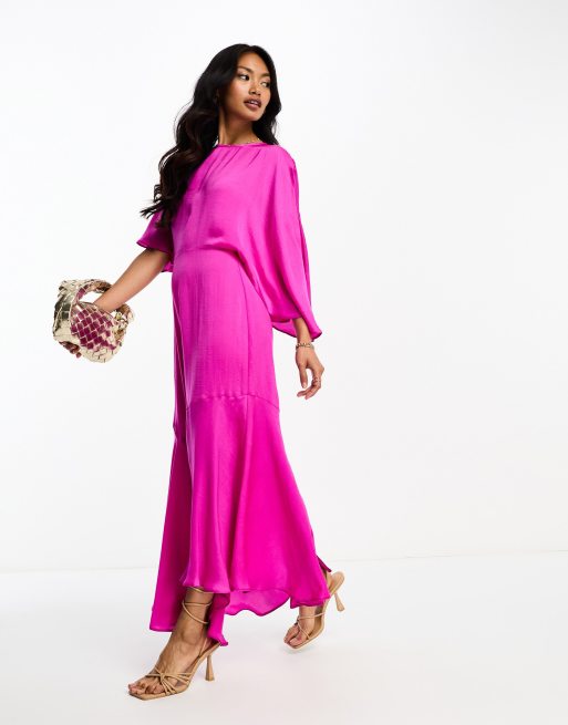 ASOS DESIGN - Pink midikjole i satin med flagrende ærmer og asymmetrisk kant, 4 af 4