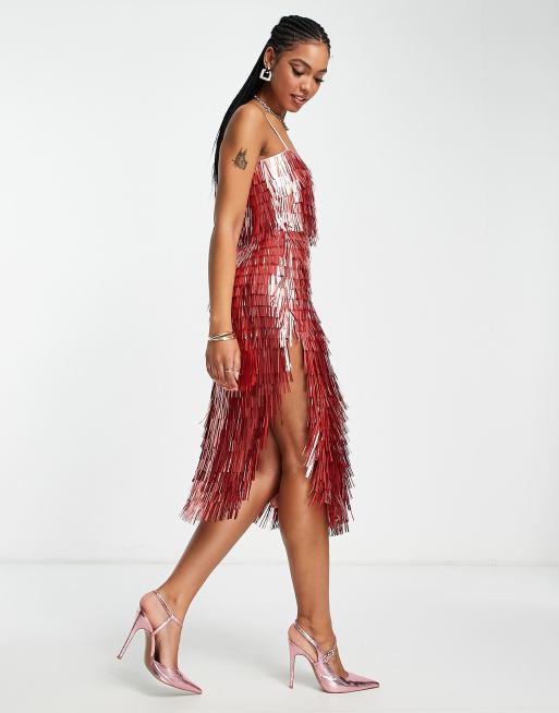 ASOS DESIGN - Pink midikjole med gennemsigtig talje og skår-detaljer