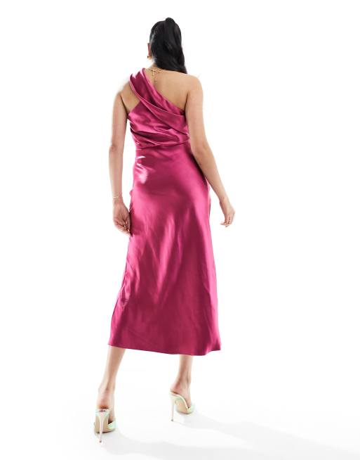 ASOS DESIGN - Pink midikjole med snoet skulder og slids i satin, 3 af 4