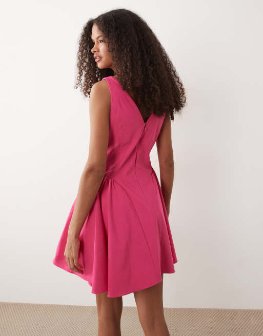 ASOS DESIGN - Pink minikjole i bengalin med struktur og dyb rund hals samt flagrende kant, 4 af 4