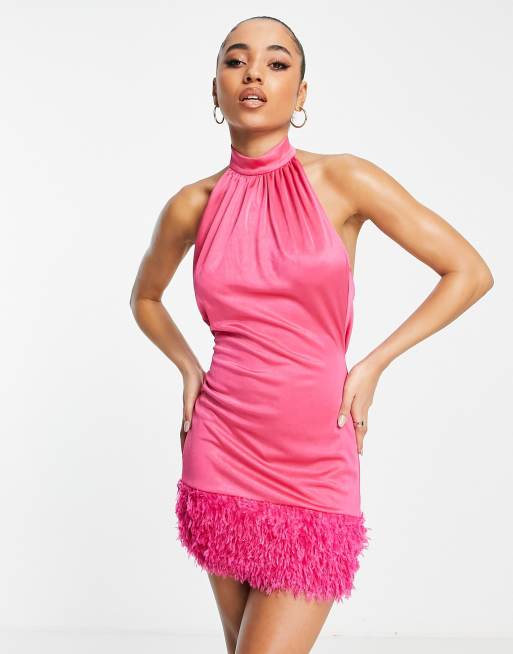 ASOS DESIGN - Pink minikjole med bindebånd i satin og imiteret fjer