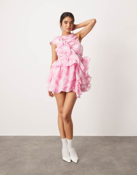 ASOS DESIGN - Pink minikjole med flæser og puffet skørt i stort ternet print - view 1