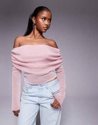 ASOS DESIGN - Pink offshoulder-top med ærmer med svaj og glimmer i mesh - view 1