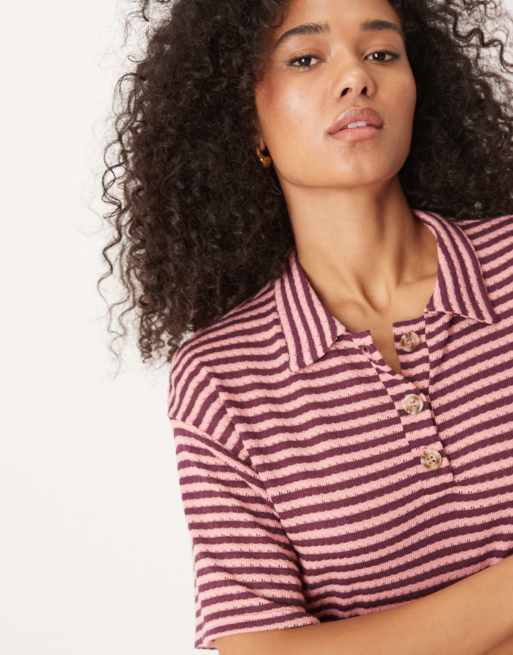 ASOS DESIGN - Pink og brun top med polokrave og striber - Del af sæt, 3 af 4