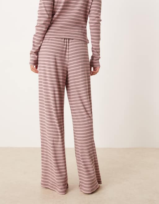 ASOS DESIGN - Pink og brune ribstrikkede pyjamasbukser med vide ben og striber, 4 af 4