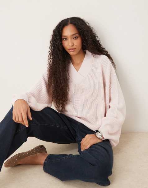 ASOS DESIGN - Pink og oversized striktrøje med V-hals i uldblanding - view 1
