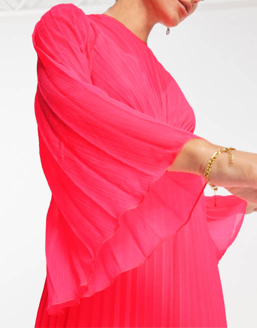 ASOS DESIGN - Pink plisseret midikjole med trompetærmer og rygbinding, 3 af 4