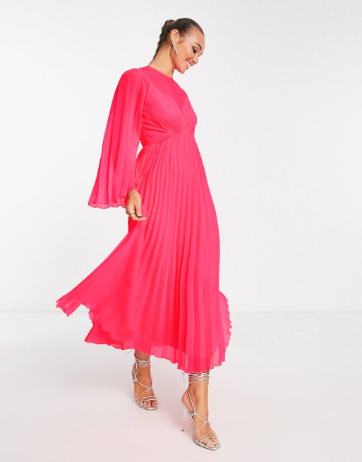 ASOS DESIGN - Pink plisseret midikjole med trompetærmer og rygbinding, 4 af 4