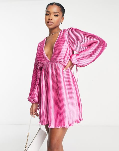 ASOS DESIGN - Pink plisseret minikjole med blouson-ærmer og dyb udskæring i satin - view 1