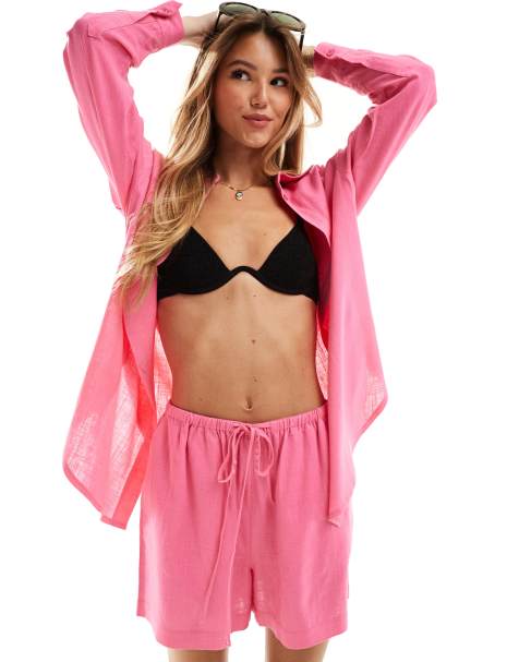 ASOS DESIGN - Pink pull on-shorts i hørblanding - Del af sæt - view 1