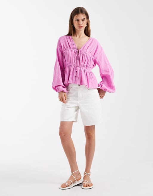 ASOS DESIGN - Pink smock-top med lange ærmer og knapper foran, 2 af 4