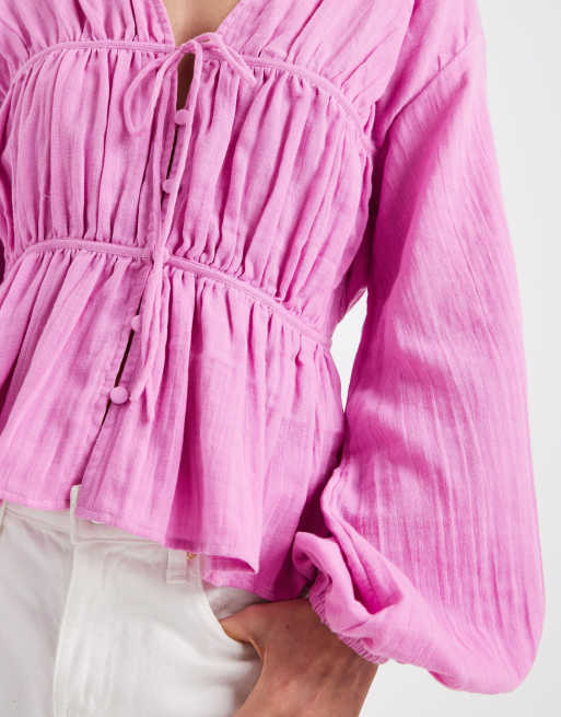 ASOS DESIGN - Pink smock-top med lange ærmer og knapper foran, 3 af 4