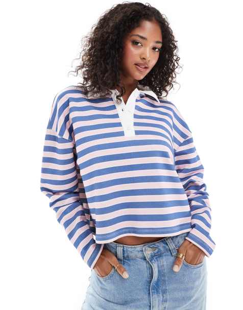 ASOS DESIGN - Pink stribet sweatshirtpolo i rugbydesign - view 1