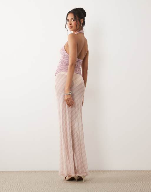 ASOS DESIGN - Pink ternet maxinederdel med print i gennemsigtigt mesh, 3 af 5