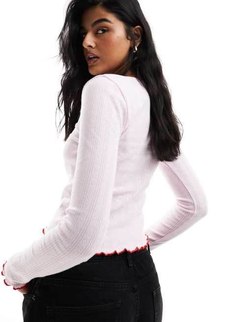 ASOS DESIGN - Pink top med hulmønster og kontrastfarvet bølgekant, 4 af 4