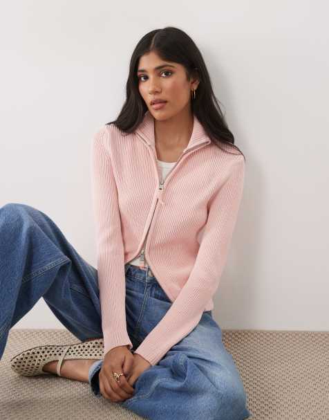 ASOS DESIGN - Pink trøje med ståkrave og lynlås i fin strik - view 1