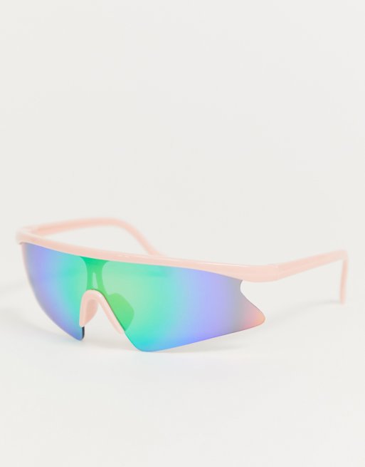 ASOS DESIGN pink wrap half frame visor sunglasses with blue flash lens ...