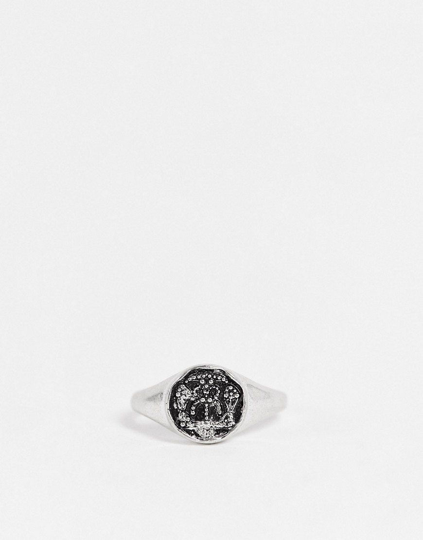 ASOS DESIGN pinky ring with justice design in burnished silver tone