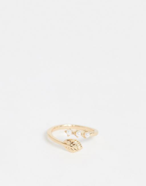 ASOS DESIGN pinky ring with leaf and pearl detail in gold tone