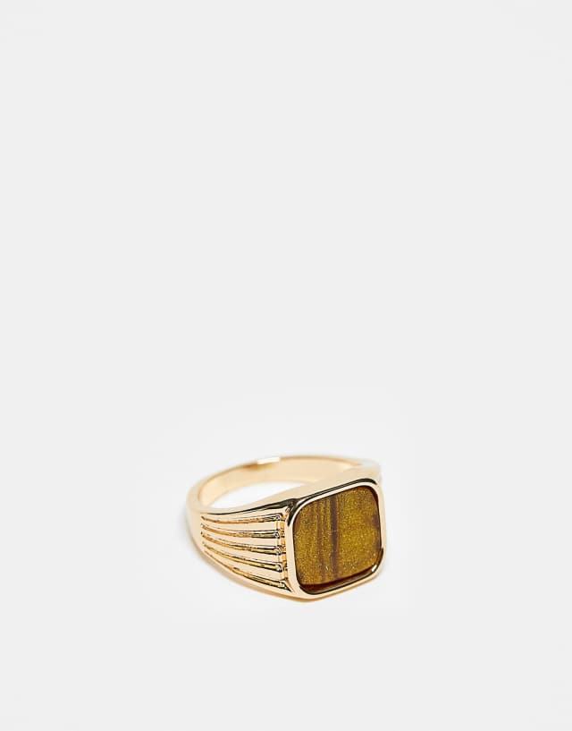 ASOS DESIGN pinky signet ring with faux tigers eye in gold tone