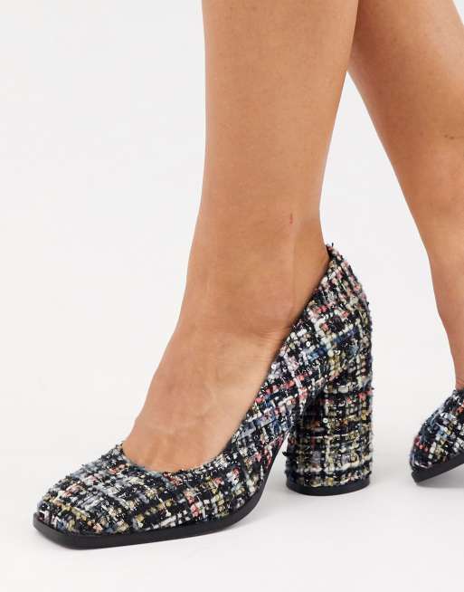 ASOS DESIGN Pinky square toe block heeled pumps in tweed ASOS