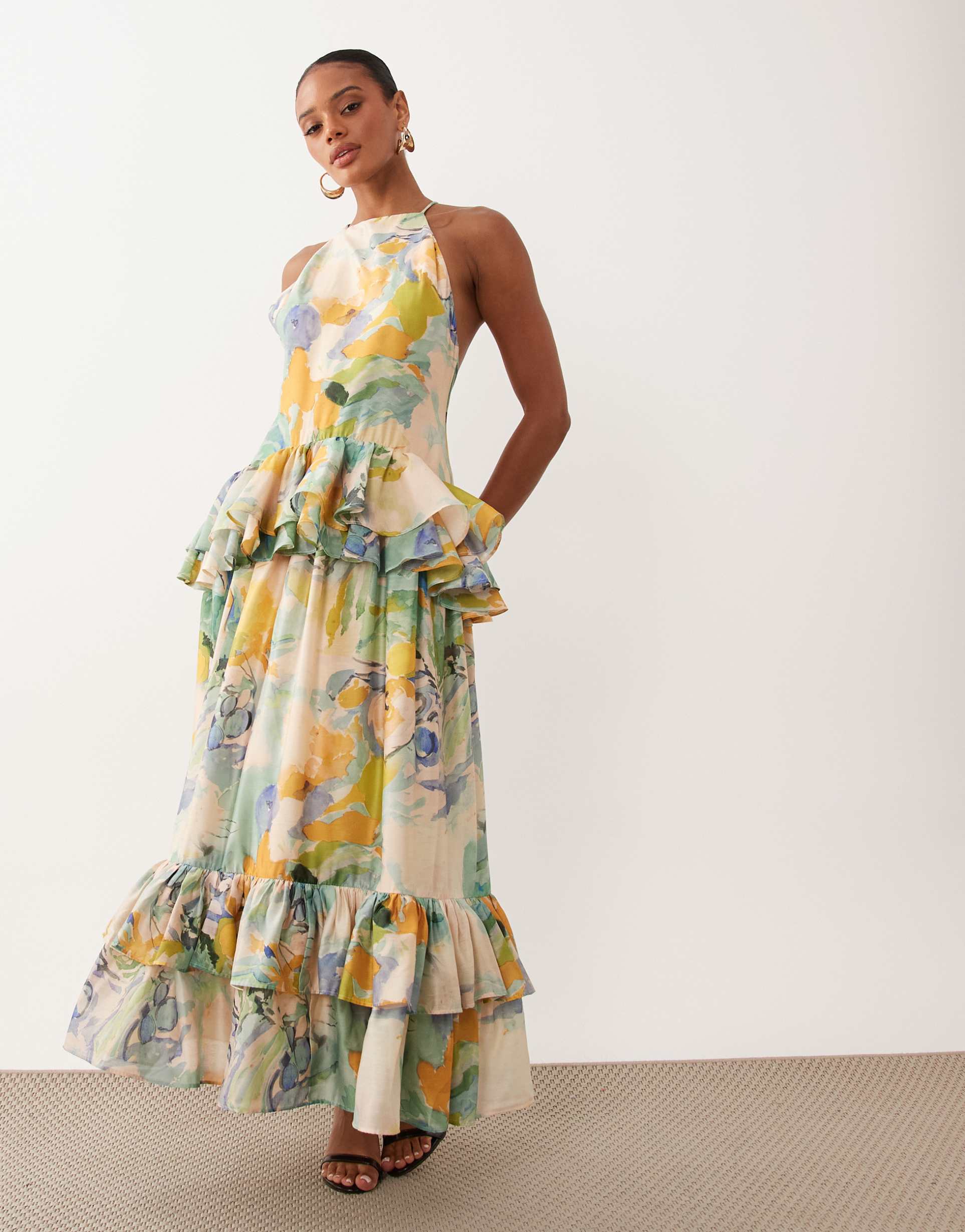 asos design pinny double layer maxi dress with ruffle detail in blue and yellow abstract print