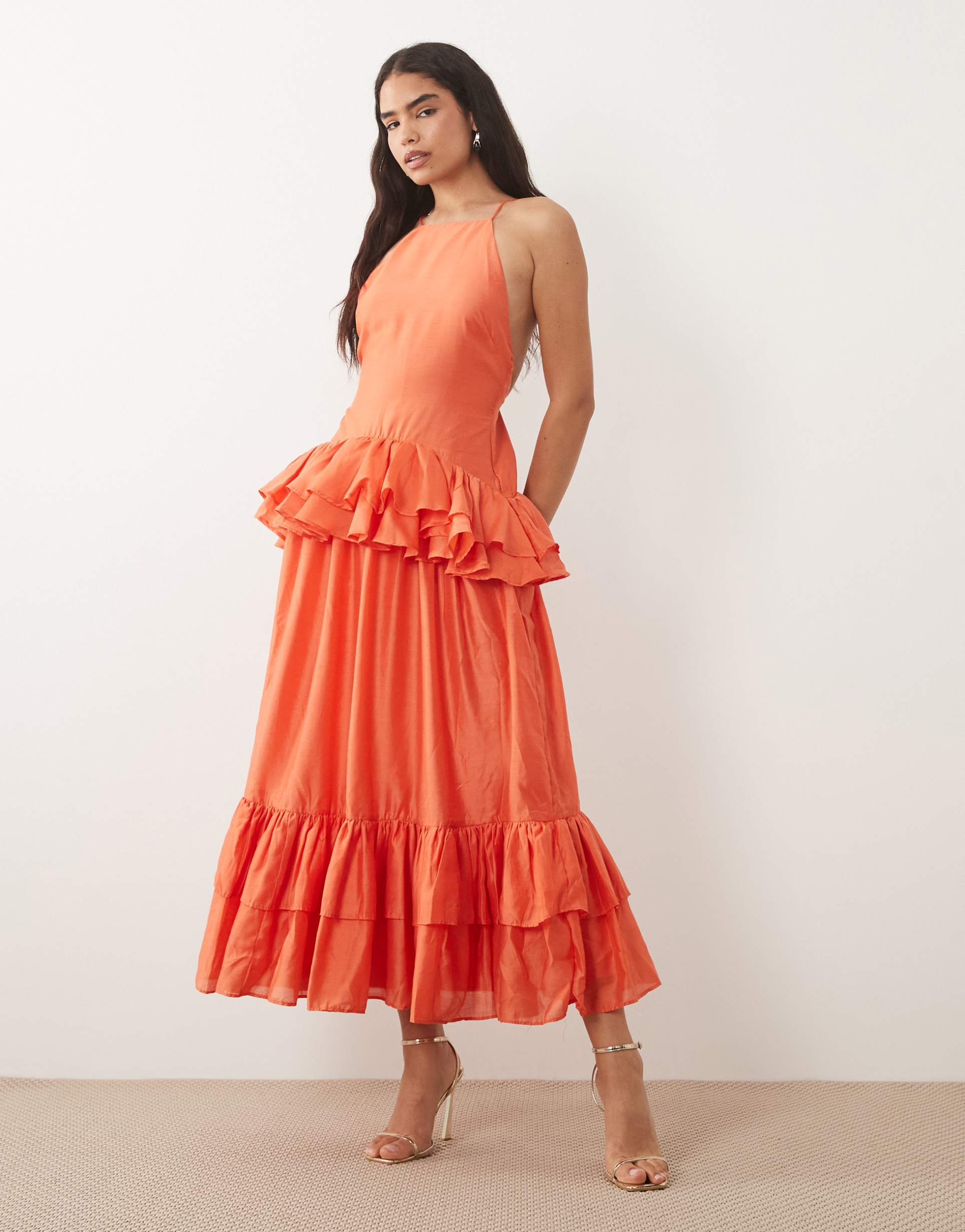 asos design pinny double layer maxi dress with ruffle detail in coral