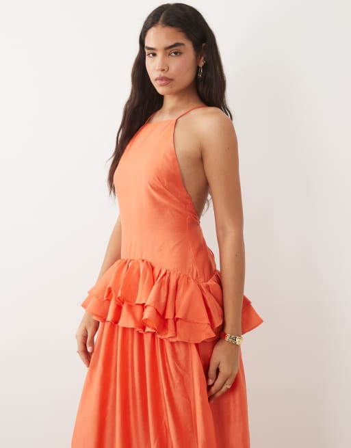 ASOS DESIGN pinny double layer maxi dress with ruffle detail in coral, 3 of 4