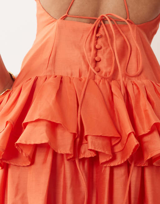 ASOS DESIGN pinny double layer maxi dress with ruffle detail in coral, 4 of 4