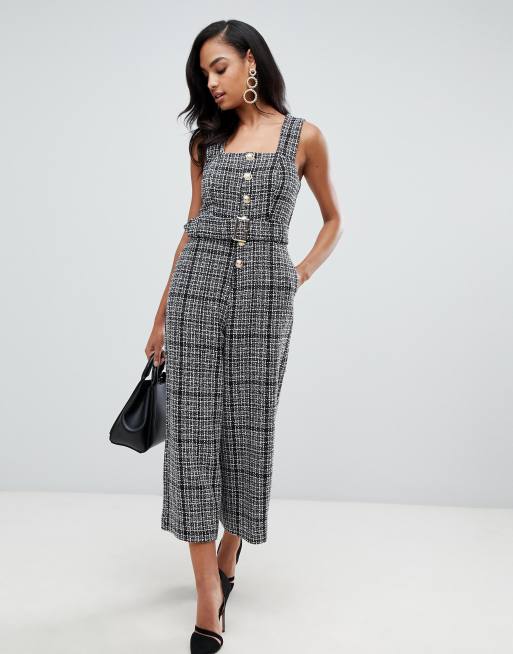 ASOS DESIGN pinny jumpsuit in boucle with gold buttons