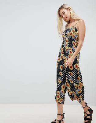 ASOS Studio Happy ASOS DESIGN Pinny Jumpsuit In Crinkle In Floral Spot Print-Multi