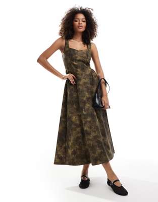 pinny maxi dress in brown washed leather look-Multi