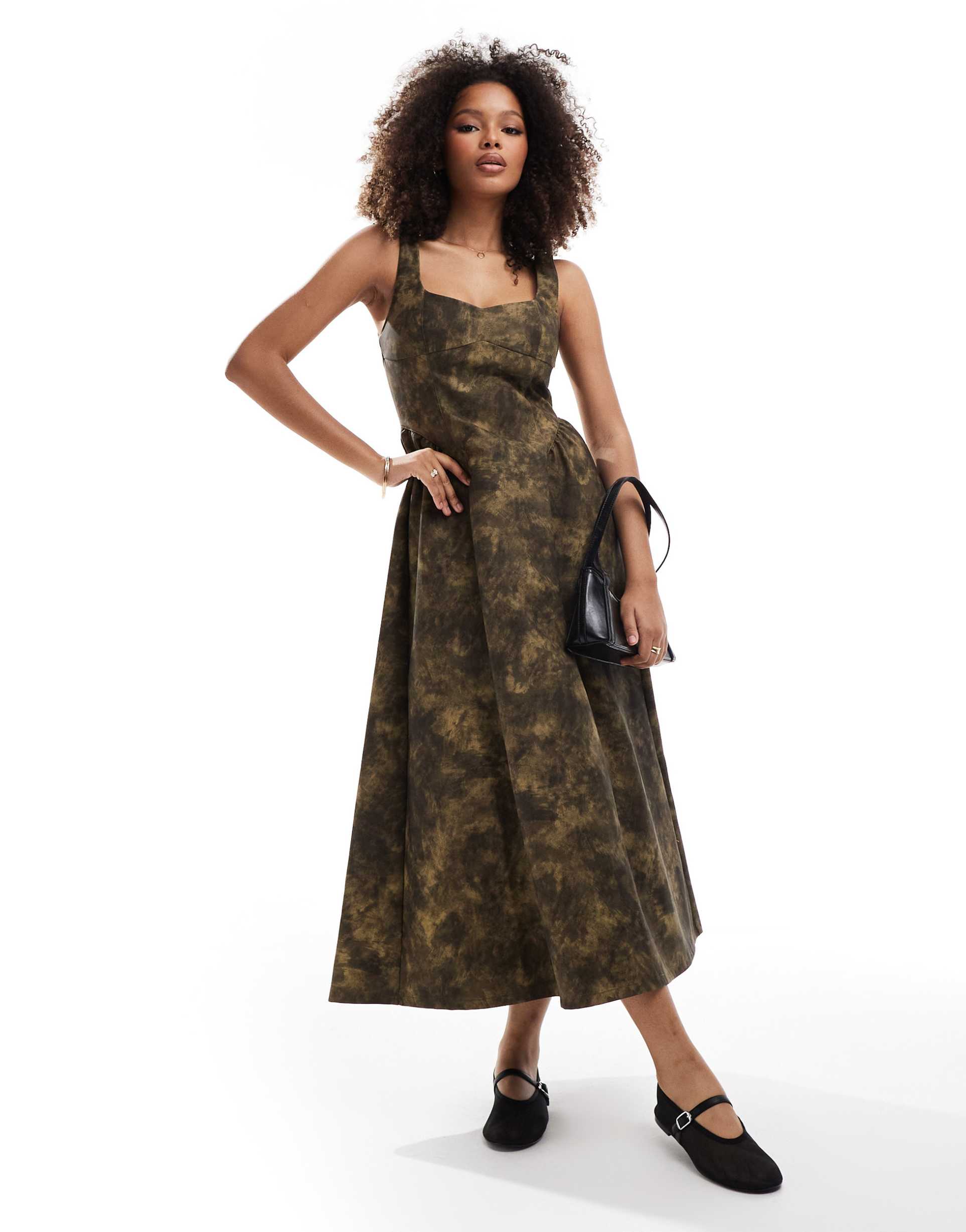 asos design pinny maxi dress in brown washed leather look