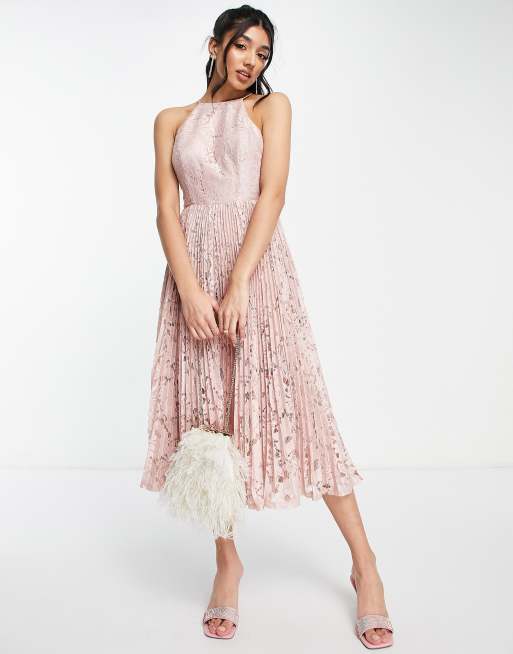 ASOS DESIGN pinny midi prom dress with pleated lace in blush ASOS