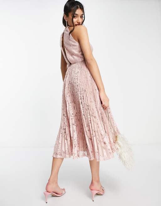 asos design lace midi dress with pinny bodice ASOS DESIGN pinny midi prom dress with pleated lace in blush