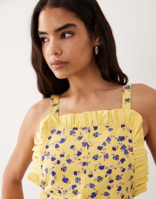 ASOS DESIGN pinny mini dress with pockets and ruffles in yellow ditsy print, 2 of 4