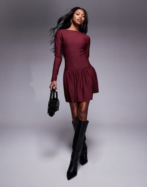 ASOS DESIGN pinstripe drop waist mini dress in burgundy