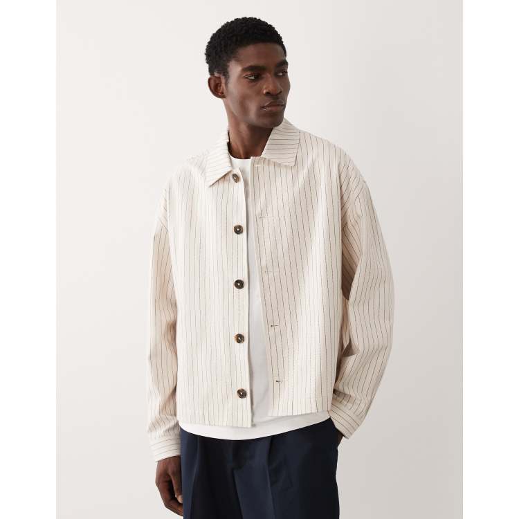 ASOS DESIGN pinstripe harrington jacket in stone | ASOS