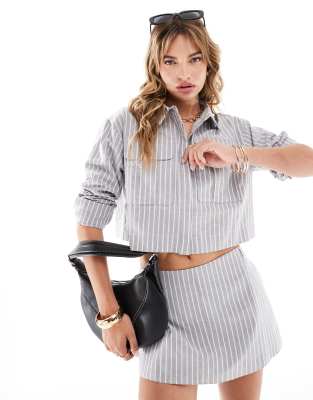 Asos Design Pinstripe Linen Look Pocket Detail Shirt In Gray - Part Of A Set