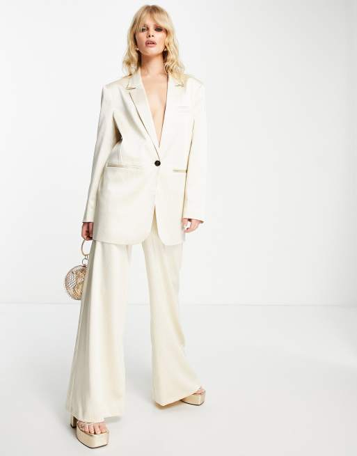 ASOS DESIGN pinstripe satin high waisted wide leg suit pants in cream