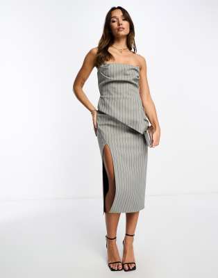 asos design pinstripe structured bandeau midi dress in gray