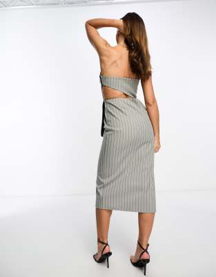 asos design pinstripe structured bandeau midi dress in gray