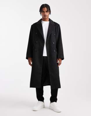 Asos Design Pinstripe Wool Look Oversized Longline Coat In Black