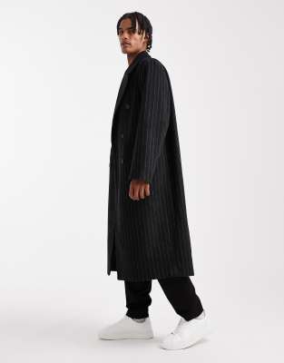 Asos Design Pinstripe Wool Look Oversized Longline Coat In Black