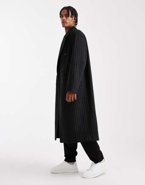 ASOS DESIGN pinstripe wool look oversized longline coat in black - view 1