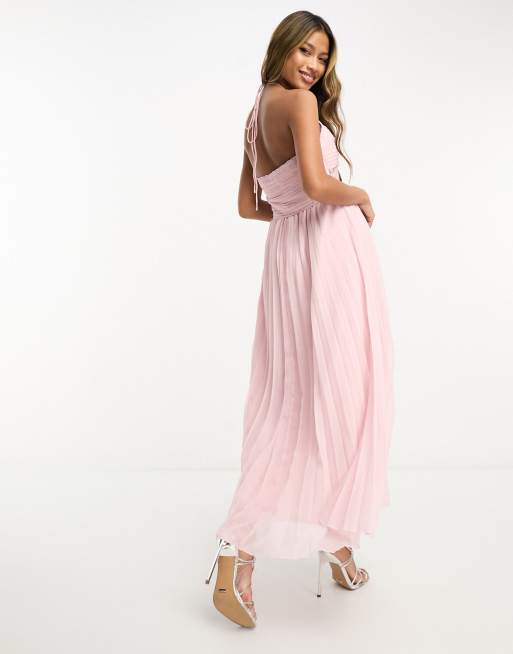 ASOS DESIGN pintuck bust strappy midi dress with lace insert and button  front in pale pink