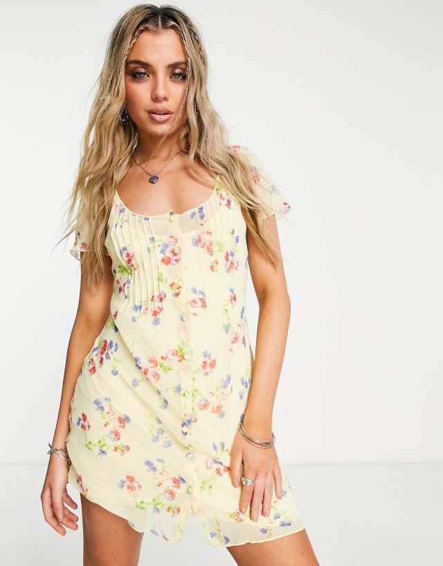 ASOS DESIGN pintuck button through mini dress in yellow floral print