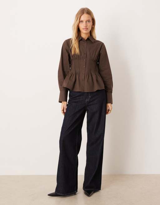 ASOS DESIGN pintuck cinch waist shirt in chocolate, 2 of 4
